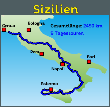 Reise mit dem Auto oder anderem KFZ nach Sizilien zum Stiefel Europas